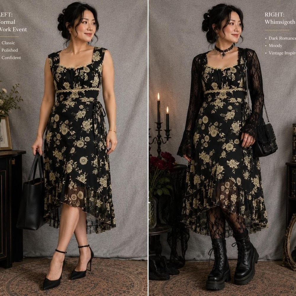 Ruby Rox Women's M Black Floral Empire Waist Midi Dress Y2K Whimsigoth Fairy